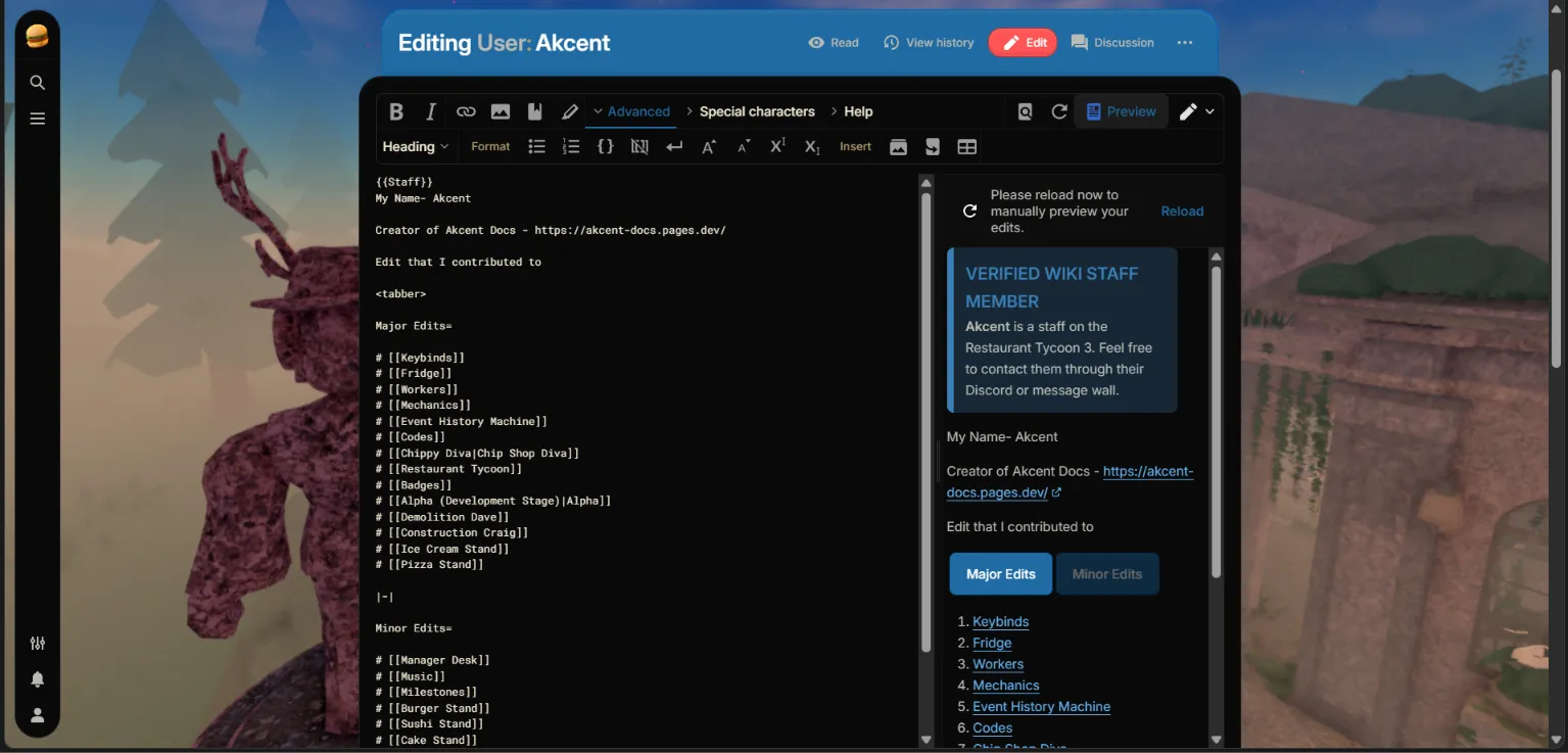 Restaurant Tycoon 3 Wiki editor interface